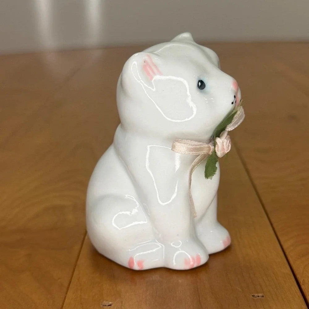 Shiah Yih ROC White Porcelain Cat Figurine with Rosette and Bow Vintage Style